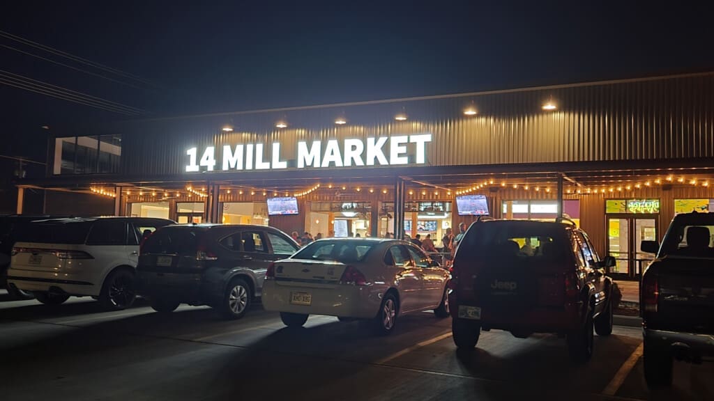 14 mill market nixa exterior night entrance parking lot.jpg 14 Mill Market near Springfield MO